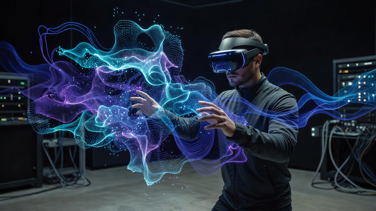 Person wearing advanced virtual reality headset interacting with volumetric neural field graphics