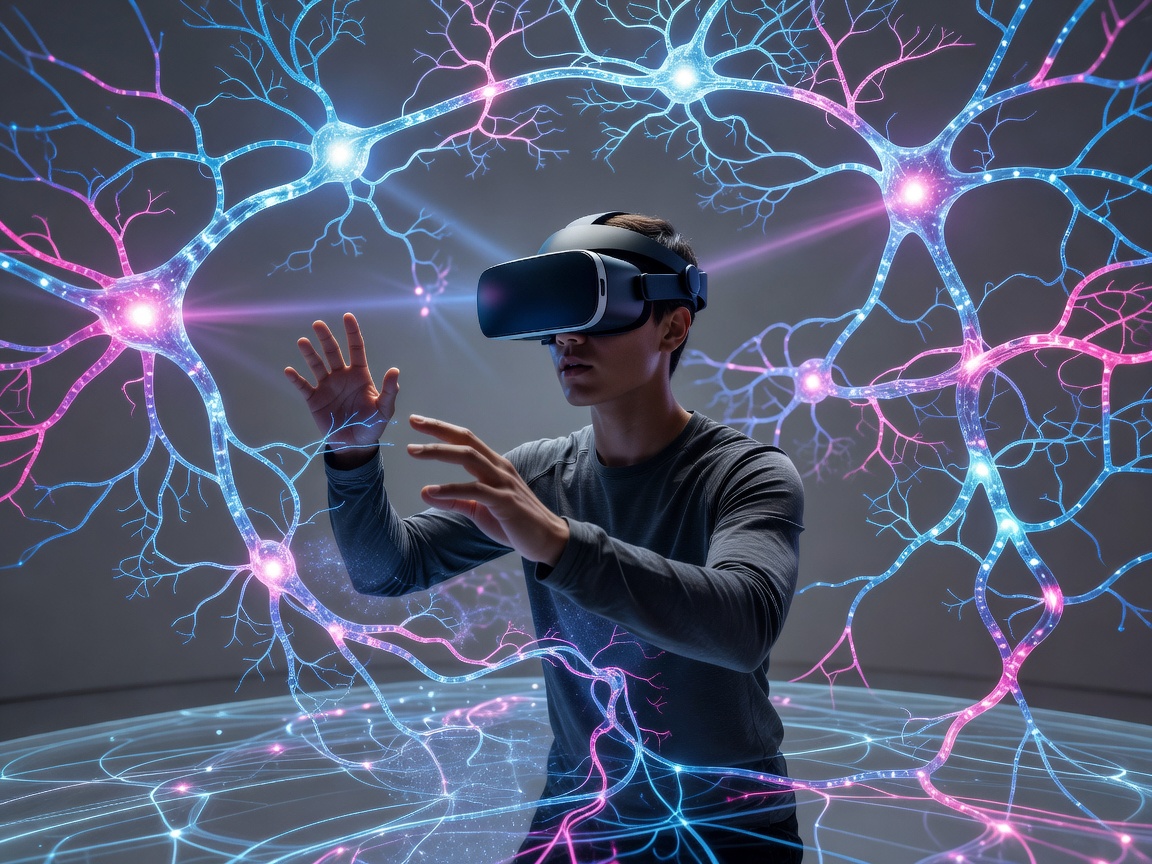 Futuristic VR Headset User Navigating Neural Virtual Reality Interface
